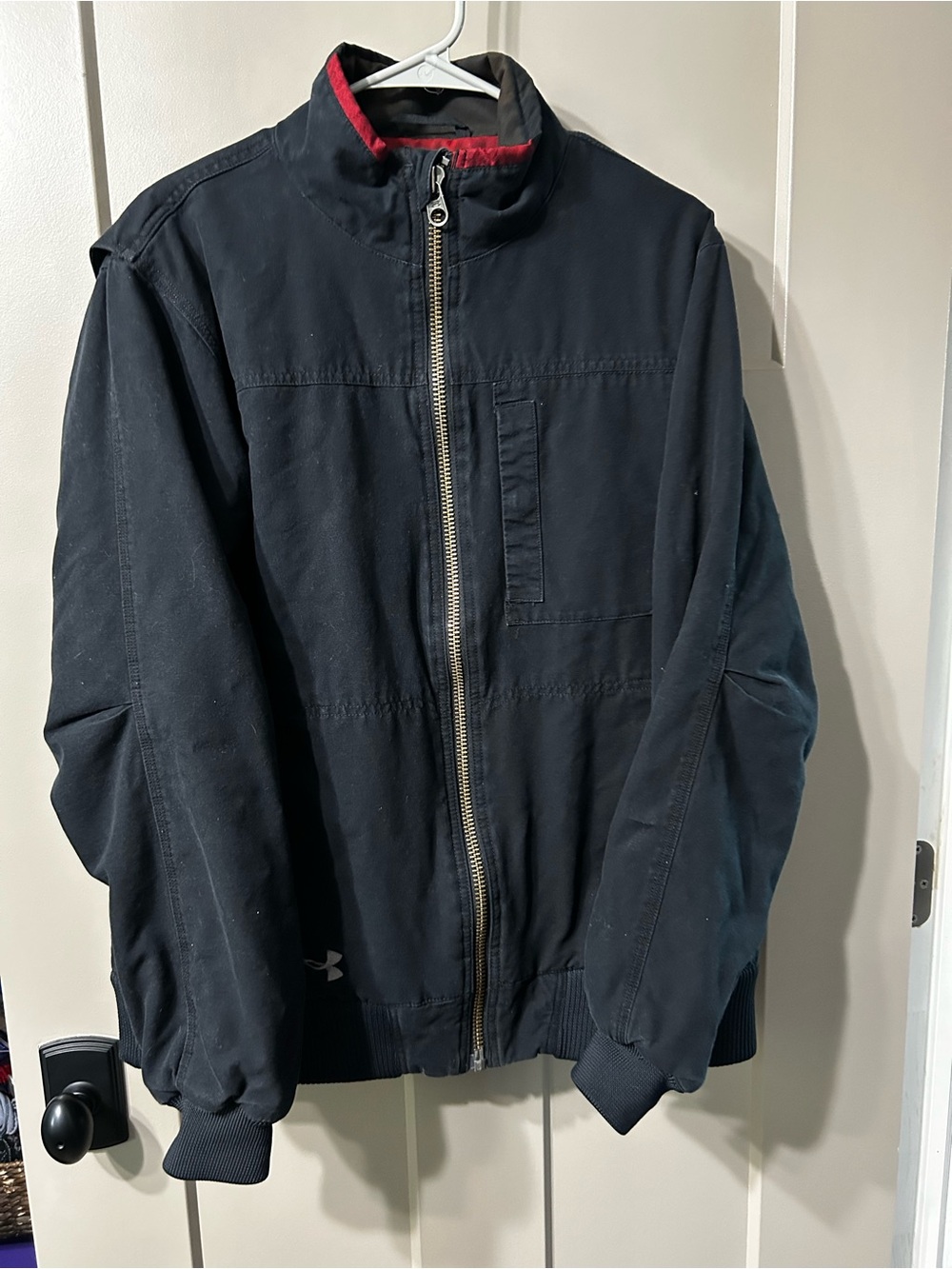 Under Armour Black Jacket with Red Trim - Zip Front Bomber style cotton